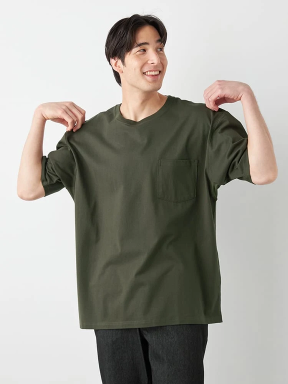 無地ポケット付きタフ衿クルーネック半袖Tシャツ